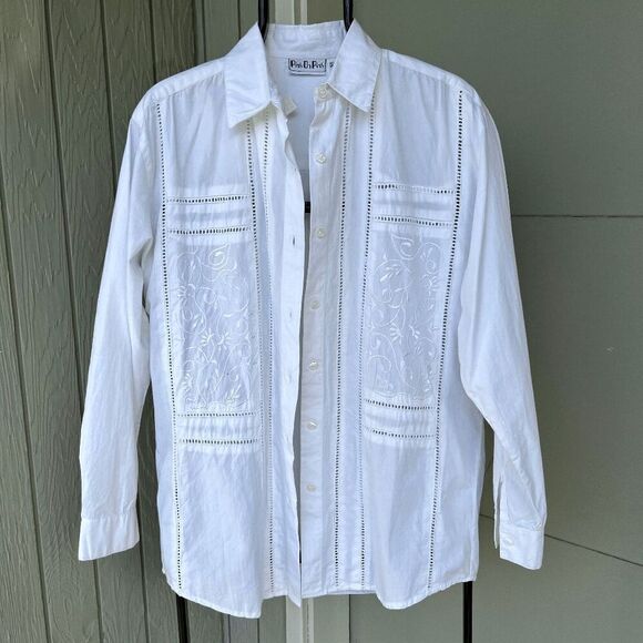 Vintage 80s White Cotton Floral Embroidered Eyelet Button-Up Shirt Top Blouse Si - Picture 8 of 8